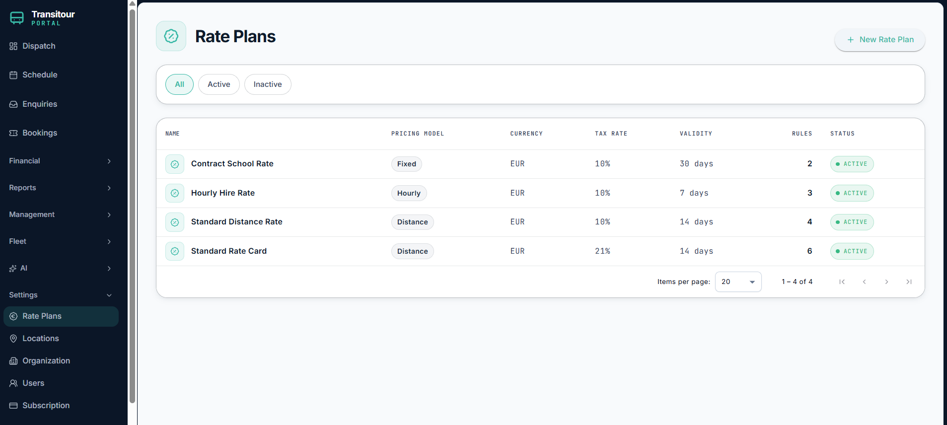Transitour rate plans screen