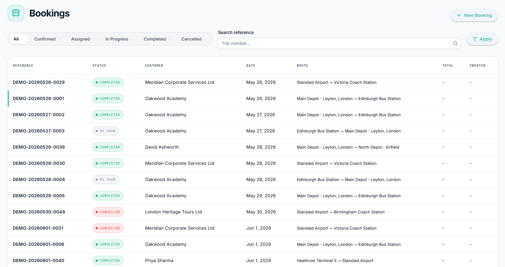 Transitour weekly scheduling screen