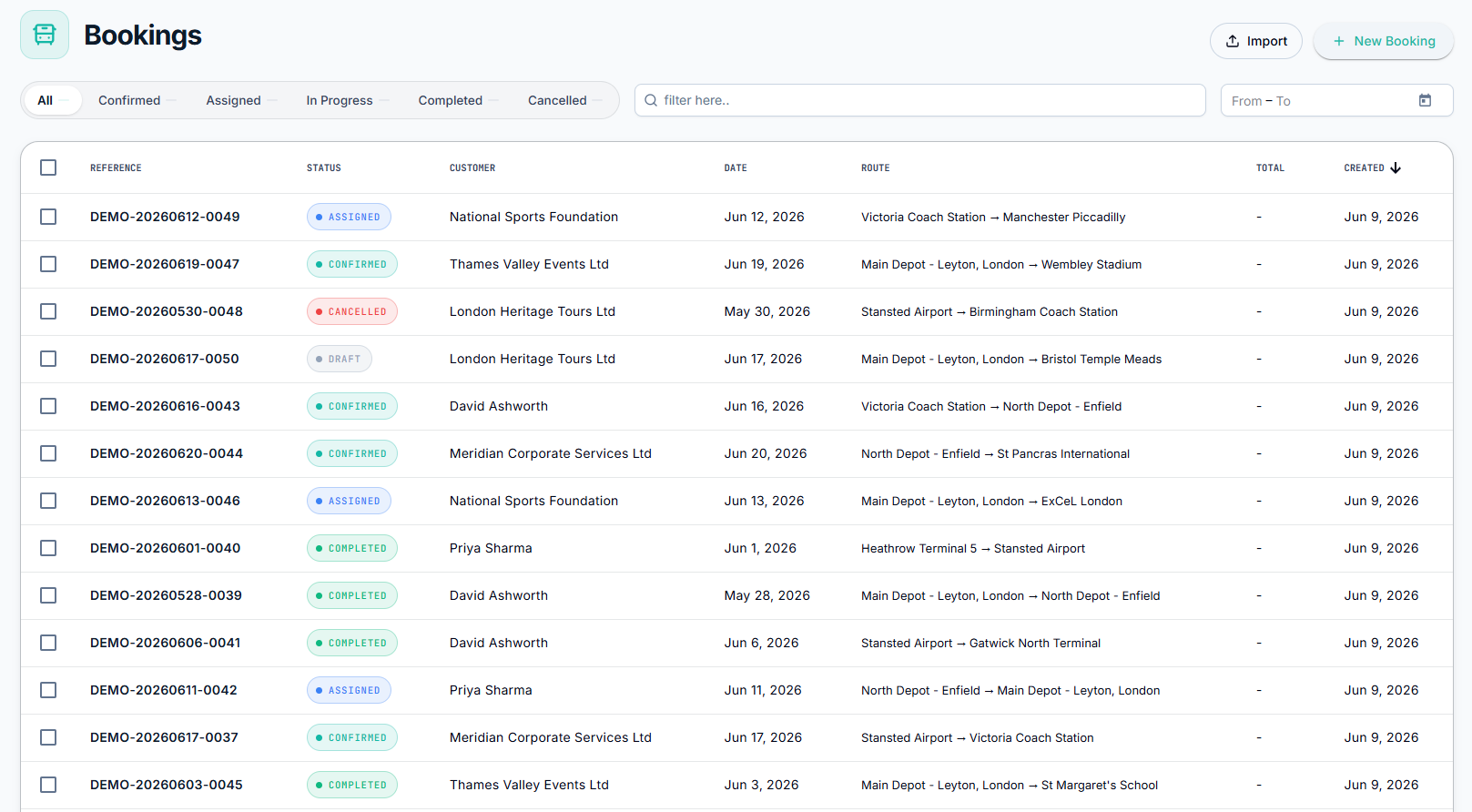 Transitour bookings list all screen