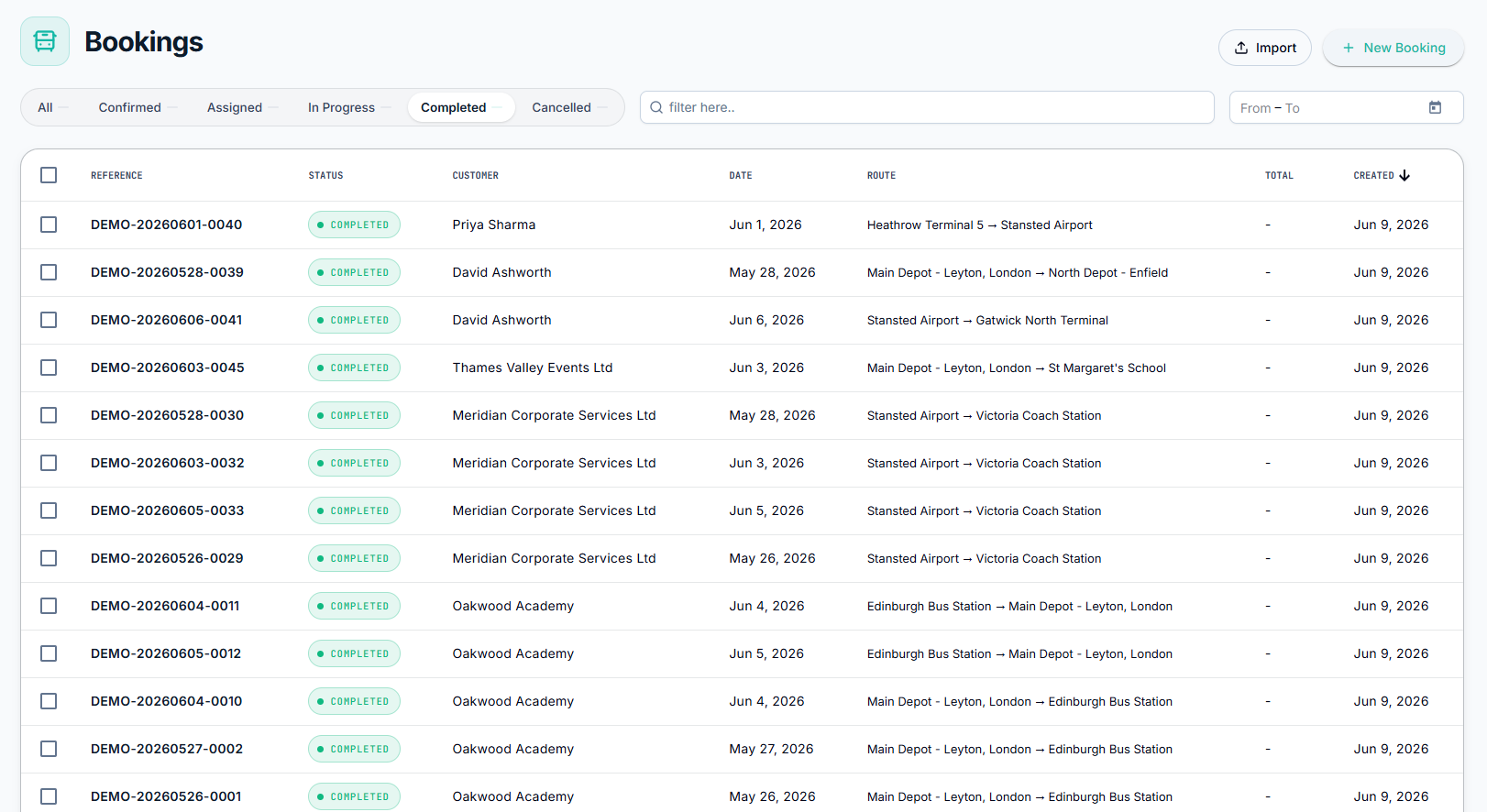 Transitour bookings list completed screen