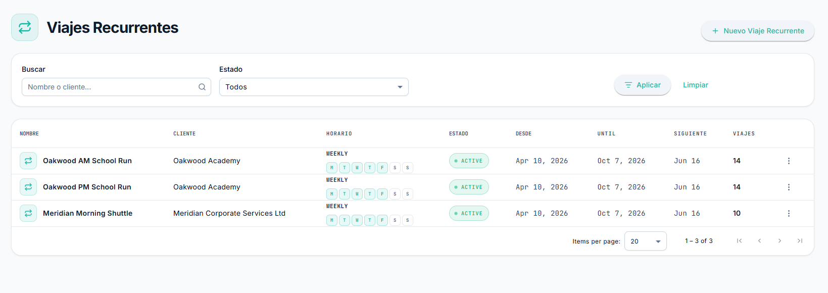 Transitour gestion viajes recurrentes screen