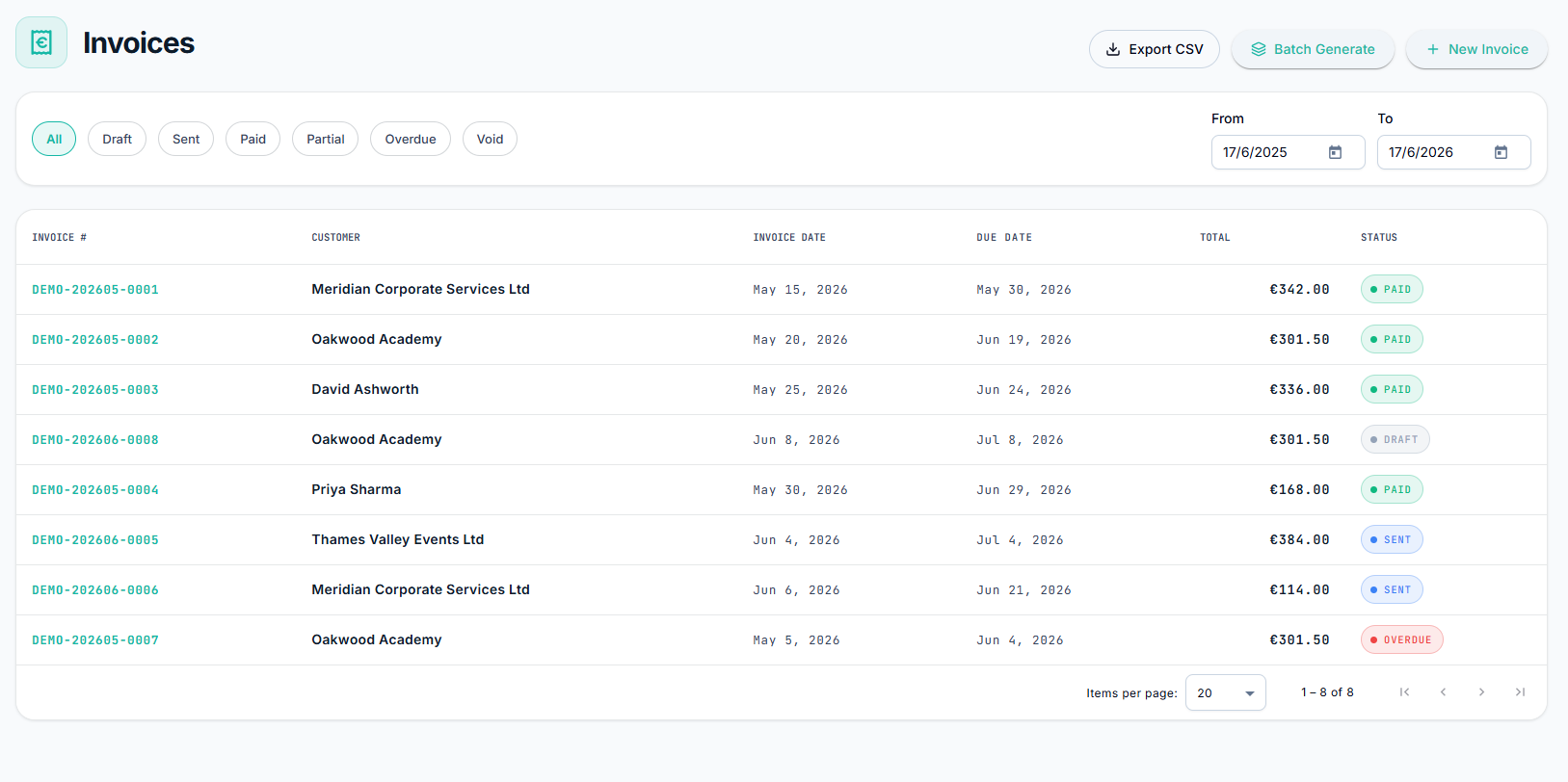 Transitour invoices screen