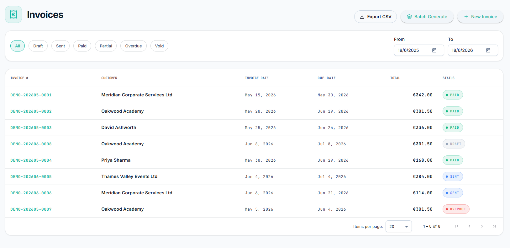 Transitour invoices screen