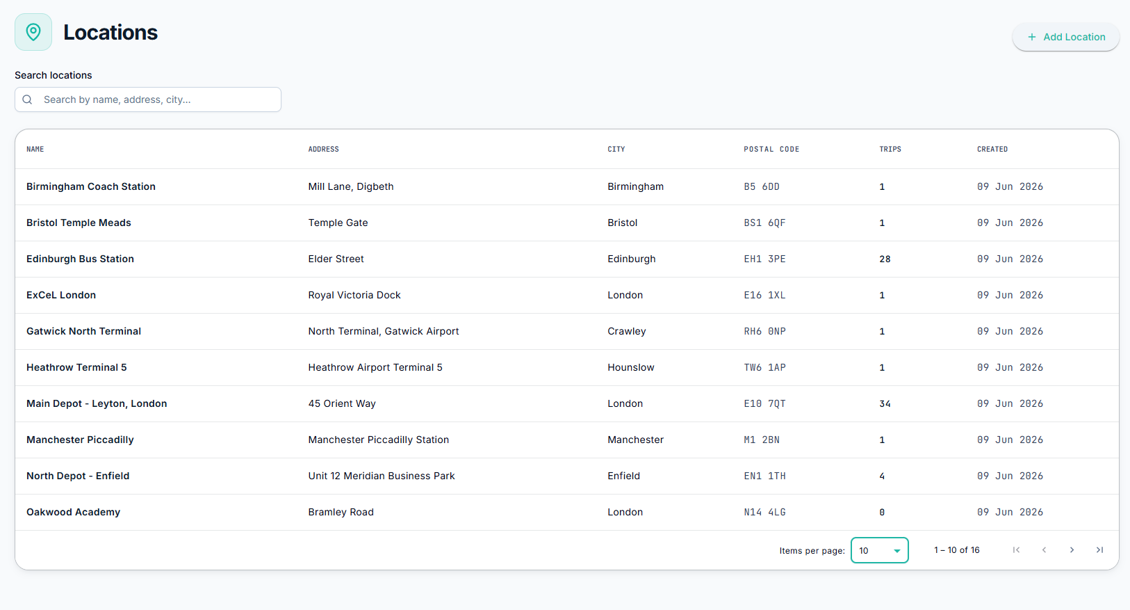 Transitour locations screen