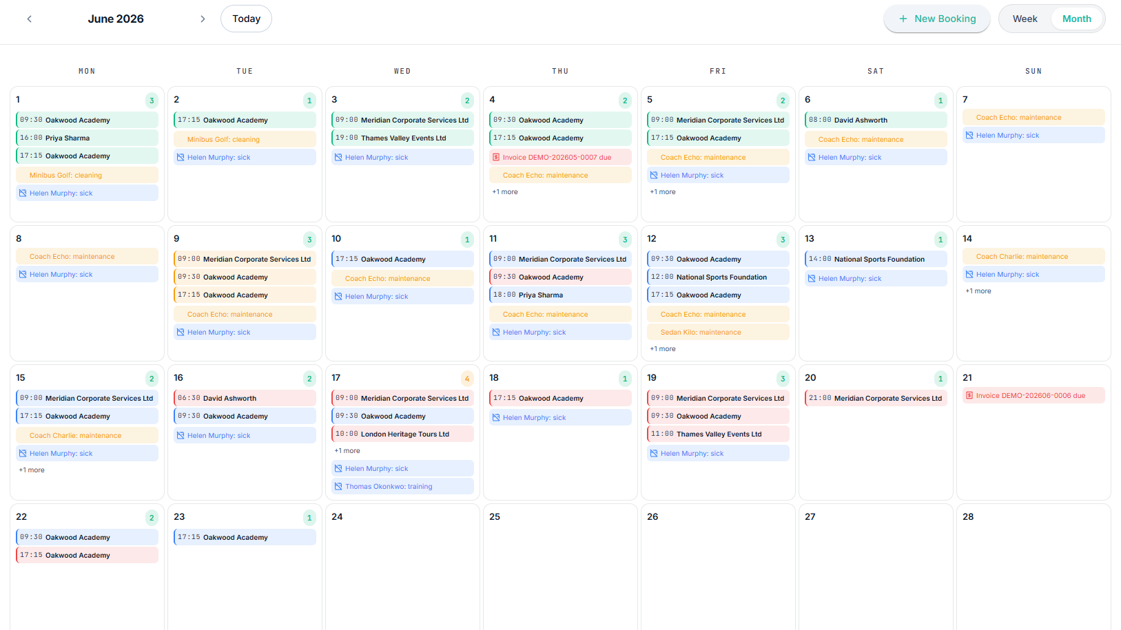 Transitour schedule monthly screen
